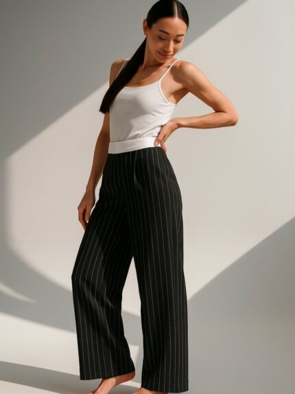 Црни панталони со бели риги