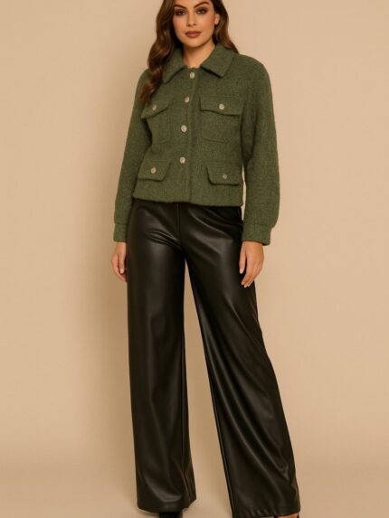 Еднобојни широки панталони од вештачка кожа