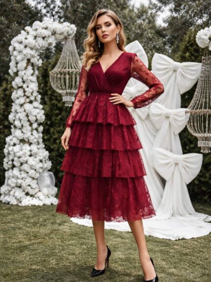 Бордо миди фустан со тул